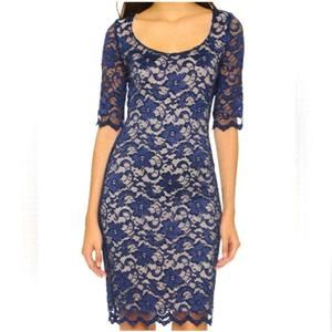 Badgley Mischka Belle Navy Blue Floral Lace Cocktail Dress | Formal Prom Midi